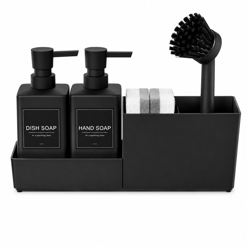 Kitchen Soap Dispenser Set for Sink Organization – 4-in-1 Black