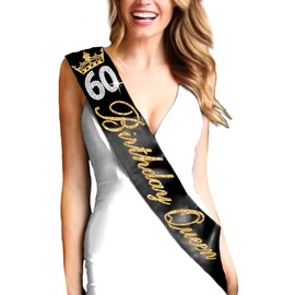 60th Birthday Sash - Gold Sparkle & Real Crystal Rhinestone 60 Birthday Queen Black PREMIUM GRADE SATIN Sash - Birthday Party Supplies for Women (BdyQn60) BLK