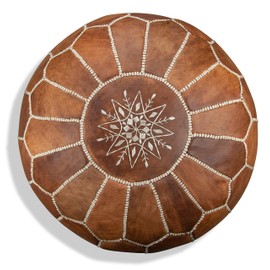 Premium Moroccan Leather Pouf - Handmade - Delivered Stuffed - Ottoman, Footstool, Floor Cushion (Cognac Brown)