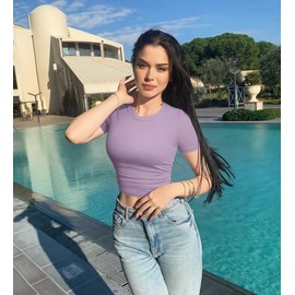 OQQ Womens 2 Piece Shirts Short Sleeve Crew Neck Ruched Stretch Fitted Tee Shirts Crop Tops Black Taro Purple