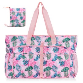 Fammio Multifunctional Women's Shopping Beach Bag, Large, Waterproof, with Zipper, Travel Bag, Pink Leaves, Practical