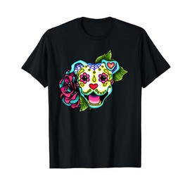 Smiling Pitbull in White - Day of the Dead Sugar Skull Dog T-Shirt