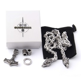 GUNGNEER Thor Hammer Pendant Viking Mjolnir Necklace for Men with Wolf Head Square King Chain, 316L Stainless Steel, 2x Runes Bead Gift