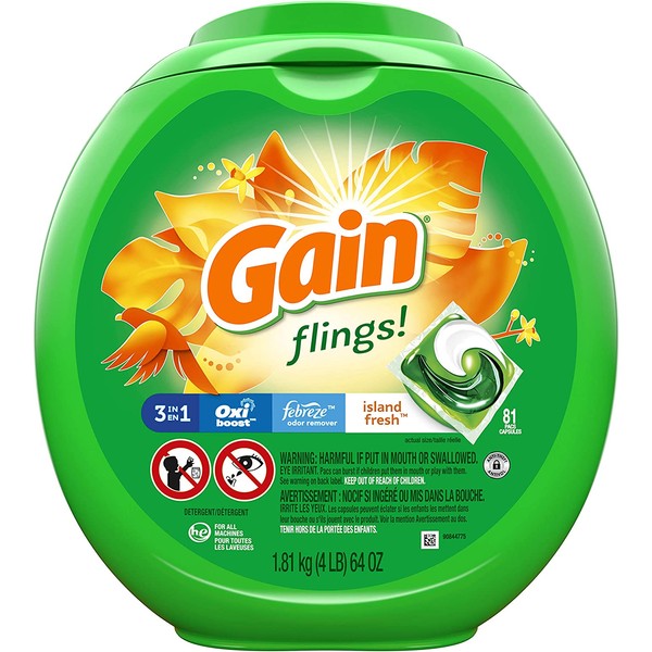 Gain flings! Laundry Detergent Pacs plus Aroma Boost, Island Fresh Scent, HE Compatible, 81 Count (Packaging May Vary)