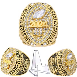 Fantasy Football Ring 2024 | Heavy FFL Champion Ring | Gold Silver Tone Plated Award Trophy for Fantasy Football League Winner (Ring and Stand Together, Size 14)