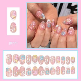 24Pcs Summer Beach Press on Nails Short Almond Flower Fake Nails Colorful Hibiscus Flowers Star Designs Glossy Full Cover Stick on Nails White French Tip False Nails for Women Girls Acrylic Nails