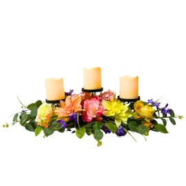 Svndlyn Candle Holders Spring Summer Centerpiece,3 Wick Candle Holder with Dahlia Pinnata Peonies and Roses for Spring Decor,Easter Centerpiece Table Decor,Indoor Home Decor,Desktop Decor