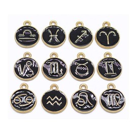 24 PCS Vintage Black Enamel Round Zodiac Sign Charms for Jewelry Making Women Girl DIY Bracelet Craft Decor