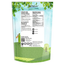 Food to Live Organic Pumpkin Seeds Protein Powder, 2 Pounds - 60% Protein, Non-GMO, Non-Irradiated, Pure Flour, Kosher, Vegan Superfood, Bulk, for Baking, Drinks and Smoothies