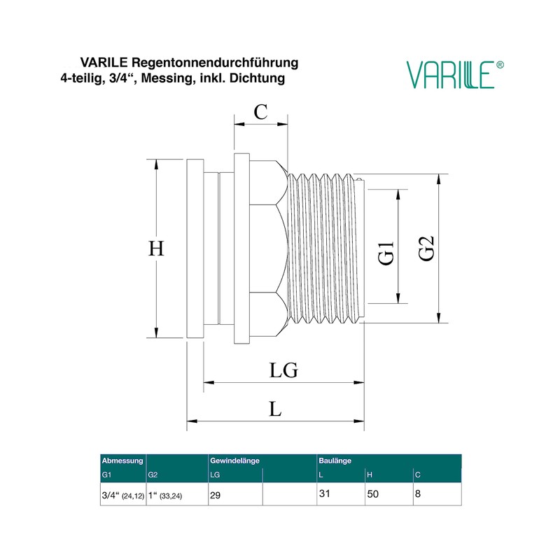 Varile - 3/4 inch brass tank feed-through thread fitting