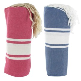 LES POULETTES - Towel Set Cotton Fouta Hammam Fuchsia and Blue JeanColor