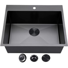 VCCUCINE 25 Inch Black Drop in Kitchen Sink,25x22 Inch Gunmetal Black Single Bowl Stainless Steel Basin Topmount Kitchen Sink,16 Gauge Metal Laundry Sink Black Small Kitchen Sink