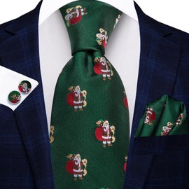 Hi-Tie Christmas Ties for Men Snowflake Xmas Christmas Tie Festival Necktie and Lapel Pin Pocket Square Cufflinks Set,Green/Snata