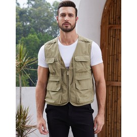 Gihuo Men's Utility Fishing Vest Lightweight Outdoor Work Safari Travel Cargo Vest with Multi-Pockets (US, Alpha, Small, Regular, Regular, Khaki)