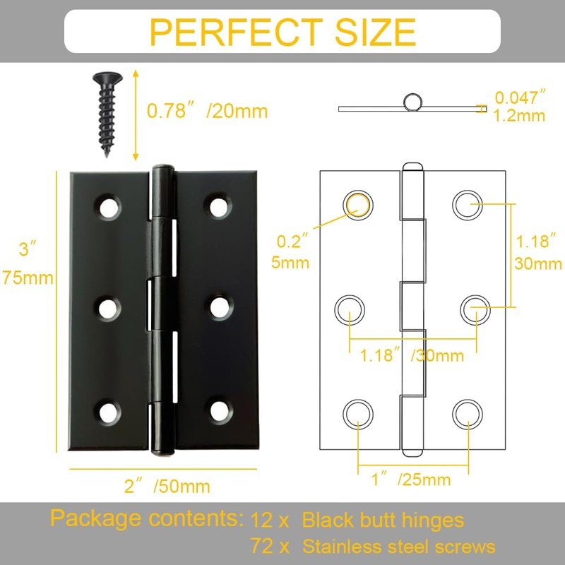 AxleCore 12 Pack 3 inch Black Door Hinges, Black Hinges