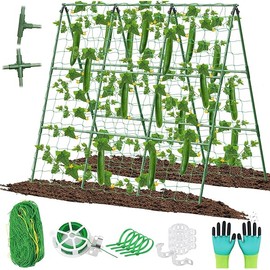 Cucumber Trellis for Raised Beds, 45 x 53 Inch Adjustable Size A-Frame Garden Trellis for Climbing Plant Outdoors with Climbing Net and Plant Support Clip for Vegetable Grape Tomato Garden Supplies