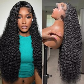 13x6 Deep Wave Lace Front Wigs Human Hair 200 Density 34 Inch Curly Human Hair Wig for Women HD Transparent Lace Frontal Wigs Human Hair Deep Curly Lace Front Wig Pre Plucked