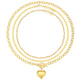 BOMAIL 3Pcs Layered Gold Chunky Necklaces for Women 14K Stacking Choker Paperclip Snake Beads Chain Choker Necklaces Cross Puffy Heart Pendant Adjustable Stackable Layered Necklaces Set