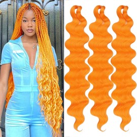 COOKOO 3 Packs Orange Body Wave Braiding Hair 24 Inch Pre-Feathered Bouncy Wavy Braiding Braids French Curl Wave Ocean Deap Twist Crochet Braids Synthetic Hair Extensions(Orange#)