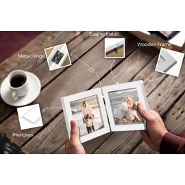 JD Concept Double 4x4 Square White Wood Picture Frame, 3.5x3.5 Opening Foldable Photo Frame on Table-top or Wall