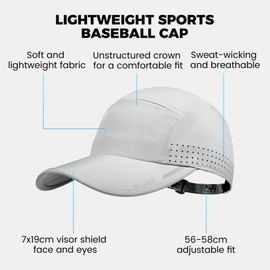 PivotWing Cap Herren Damen Schnelltrocknend Leicht Atmungsaktiv Basecap Polyester Weiche Krone Dünn Kappe BequemVerstellbar Schweißableitend Mütze Outdoor Sport Ausrüstung, Hellgrau 56