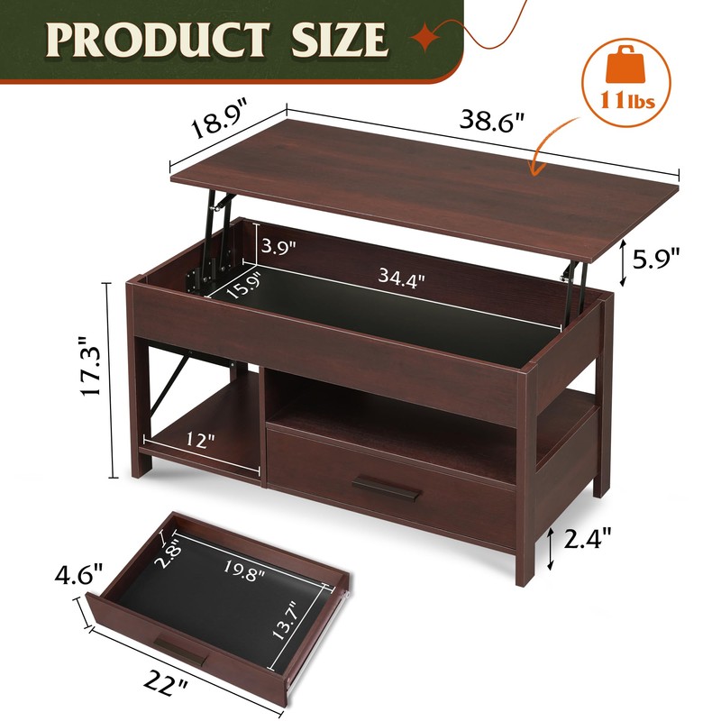 WLIVE Coffee Table, 39" Lift Top Coffee Table with Hidden