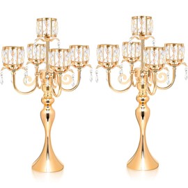 2 Pcs Kehail Gold 5 Arm Pendant Square Crystal Table Decor 22 inch Candle Holder, Classic and Elegant Table Centerpiece Atmosphere Candle Holders for Gift Wedding Party Home Decor