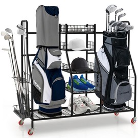 Tangkula Golf Bag Storage Rack for Garage, Heavy Duty Metal Double Golf Bag Storage Rack with Removable Golf Club Stand, Shelves & Lockable Wheels, Extra Large Golf Equipment Organizer for Garage
