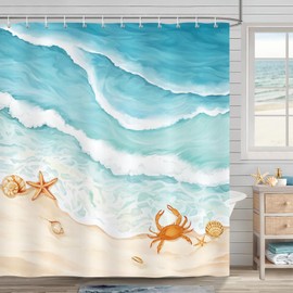 Bonhause Beach Shower Curtain – Teal Blue Ocean Waves Coastal Bathroom Decor, 72x72 Inch Waterproof Polyester Fabric with 12 Hooks Included