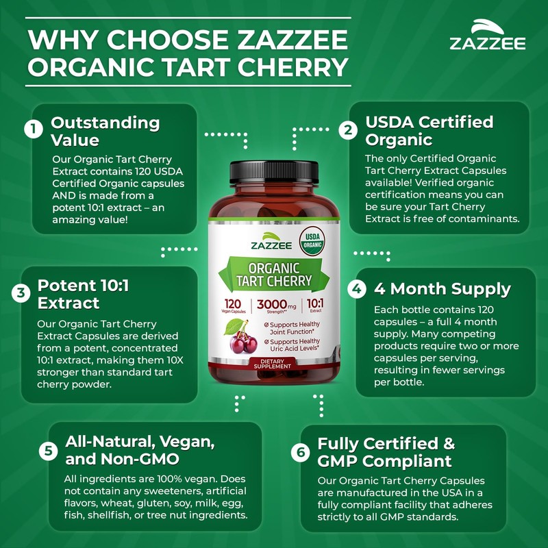 Zazzee USDA Organic Tart Cherry 10:1 Extract, 120 Vegan Capsules,