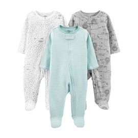 Simple Joys by Carter's Kid's 3-Pack Sleep and Play Sleepwear, Mint/Stripes/Heather Grey/Prints, 0-3M