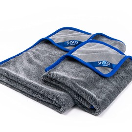 SHSCLY Microfiber Car Wash Towel, Super Absorbent Dryer Cloth, Large, Thick Twist Pile (Gray, Blue Rim, 29.1 x 19.7 x 23.6 inches (74 x 84 cm) / 19.7 x 23.6 inches (50 x 60 cm), Set of 2 Each