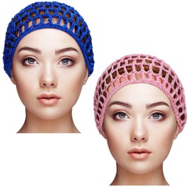 Geyoga 2 Pieces Mesh Crochet Hair Net Rayon Knit Snood Cap Cover Crocheted Shower Caps Sleep Hat for Women(Pink, Blue)