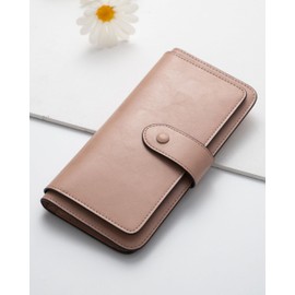 RFID Blocking Leather Wallet for Women, Slim Trifold with 14 Card Slots and Zipper Pocket (Dark Pink)
