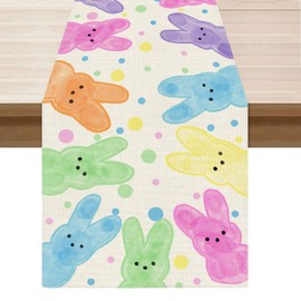 BOTB LIHM Easter Colorful Dots Cute Bunny Watercolor Rabbits Cloth Table Runner Burlap Table Decoration for Spring Home Kitchen Dining Dinner Indoor Holiday Farmhouse Decor 13x60 Inch