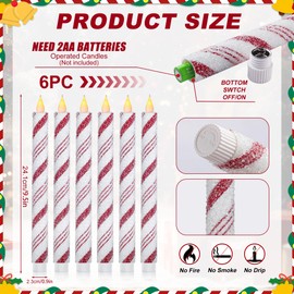 Christmas Flickering Flameless Taper Candles - 6pcs 9.5inch Battery Operated Candy Cane Stripes Real Wax LED Candles for Xmas Centerpiece Holiday Party, Wedding, Winter, New Year Home Decoration
