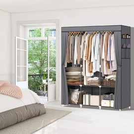 LOKEME Portable Closet, Wardrobe Closet with 3 Hanging Rods and 6 Storage Shelves and 4 Side Pockets, Gray Portable Closets for Hanging Clothes Easy to Assemble and Strong and Stable
