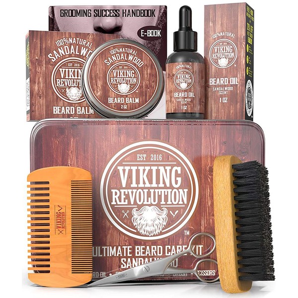 Viking Revolution Ultimate Grooming Kit for Men - Boar Brush, Wood Comb, Sandalwood Balm & Oil, Scissors for Beard & Mustache