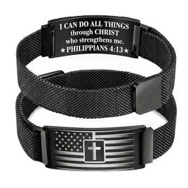 RINHOO American Flag Christian Cross Bracelets For Men Engraved Bible Verse Bracelets Stainless Steel Christmas Stocking Stuffers Jewelry (Black-Philippians 4:13)