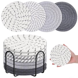 Ausein Juego de 8 Portavasos para Mesa Absorbentes, Posavasos de Antideslizantes de Algodón Trenzada Hecha a Mano, con Soporte de Metal Negro, Coasters para Varios Tipos de Vasos de Agua y Copas de Vino