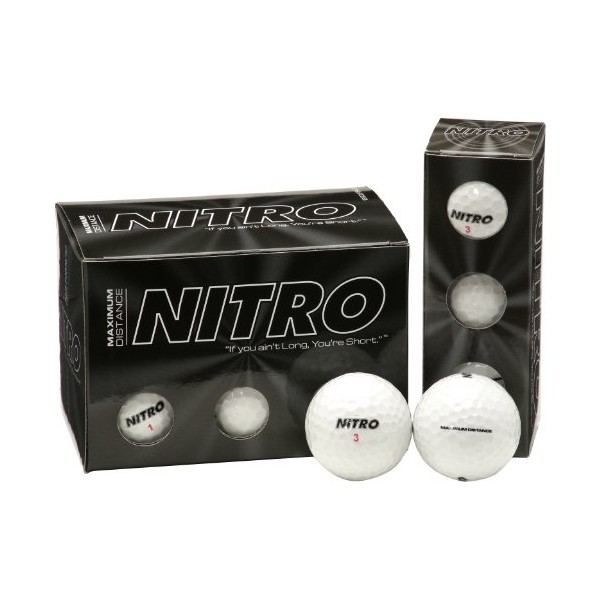 Nitro Long Distance Golf Balls (12PK) All Levels Maximum Distance Titanium Core 85 Compression High Velocity Spin Control Long Distance Golf Balls USGA Approved-Total of 12-White