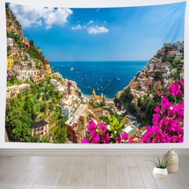 Loccor Italian Amalfi Coast Tapestry Famous Positano Town Sea View Tapestry Mediterranean Coastal Landscape Italy Wall Hanging for Bedroom Living Room Decor 92''x70'', Multicolor