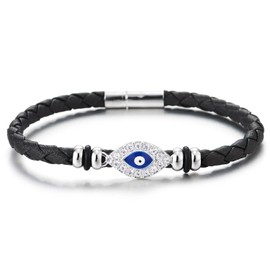 COOLSTEELANDBEYOND Womens Rhinestones Evil Eye Leather Bracelet, Black Braided Leather, Protection Amulet Boho Fashion