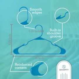 Sharpty Plastic Hangers Clothes Hangers for Clothing, Closet, Coats & Shirts - Notched, Durable, Thick, Tough & Space Saving - for Everyday Standard Use, Room Essentials & Basics - 50 Pack - Blue