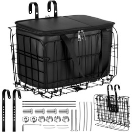 Wonderjune Bike Basket Front Rear 13.2 x 7.9 x 8.7 Inches Folding Bicycle Basket with Removable Liner Bag Large Quick Release Bicycle Front Rack Hanging Cargo Storage Basket for Ebike Accessories