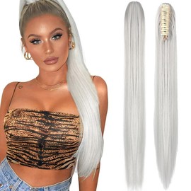 Dulchany Ponytail Extension 21" Claw Clip Hair Extensions Ponytail Long Straight Hair Extension Natural Synthetic Hairpiece for Women:_Silver Grey