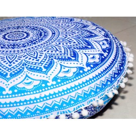 Round Mandala Floor Pillow Cover Seating Cushion Throw Cover Ottoman Pouf Cover Pom Pom Pillow Cases Hippie Decorative Bohemian Boho Indian 22 Inches (Blue)