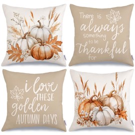 GEEORY Fall Pumpkins Grain Throw Pillow Covers 18x18 Inch Set of 4, There is Always Something to be Thankful for Thanksgiving Holiday Seasonal Decorative Farmhouse Cushion Cases for Home G641-18