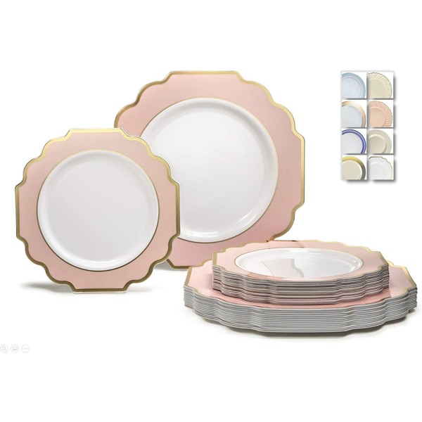 " OCCASIONS" 240 Plates Pack,(120 Guests) Heavyweight Wedding Party Disposable Plastic Plates Set -120 x 10.5'' Dinner + 120 x 8'' Salad/Dessert (Imperial in Blush & Gold)