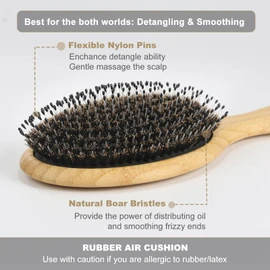 BESTOOL Hair Brush-Boar Bristle Hair Brushes Natural Bamboo Wooden Cushion Massage Anti Static Large Paddle Hairbrush for Women Men and Kid (Round)